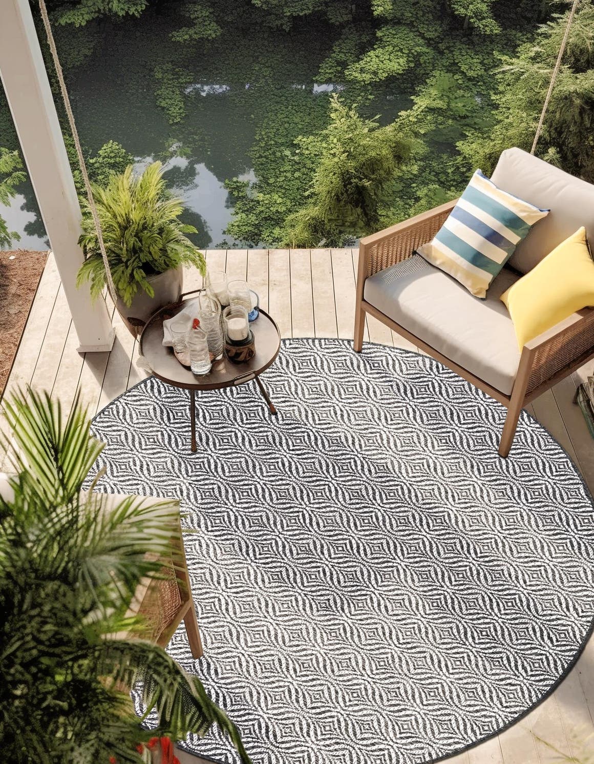 Charcoal 7' 10 x 7' 10 Outdoor Trellis Round Area Rug Weather Resistant for Patio, Deck, Terrace, Balcony, Porch Geometric Design Water Safe Outside Carpet for Sale at Rug Engine