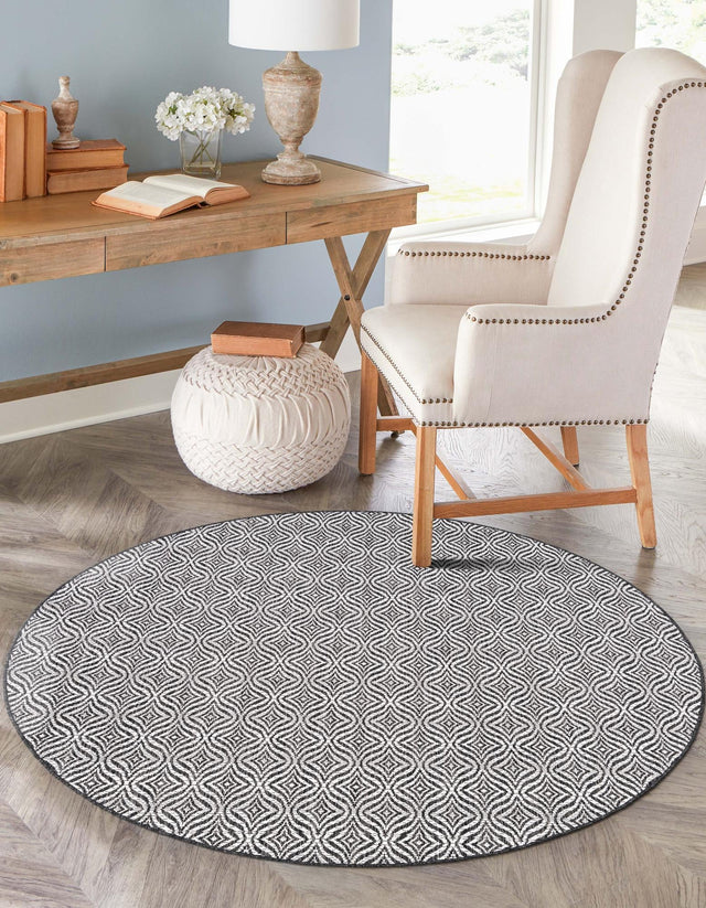 Charcoal 6' 1 x 6' 1 Outdoor Trellis Round Area Rug Weather Resistant for Patio, Deck, Terrace, Balcony, Porch Geometric Design Water Safe Outside Carpet for Sale at Rug Engine