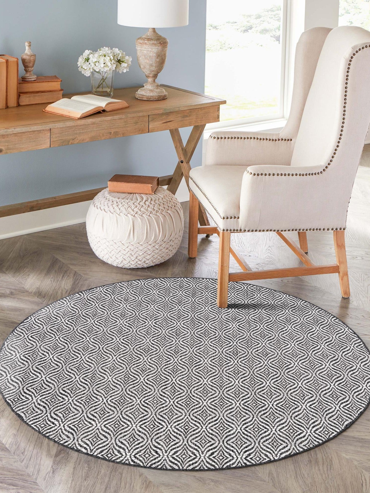 Charcoal 12' x 12' Outdoor Trellis Round Area Rug Weather Resistant for Patio, Deck, Terrace, Balcony, Porch Geometric Design Water Safe Outside Carpet for Sale at Rug Engine