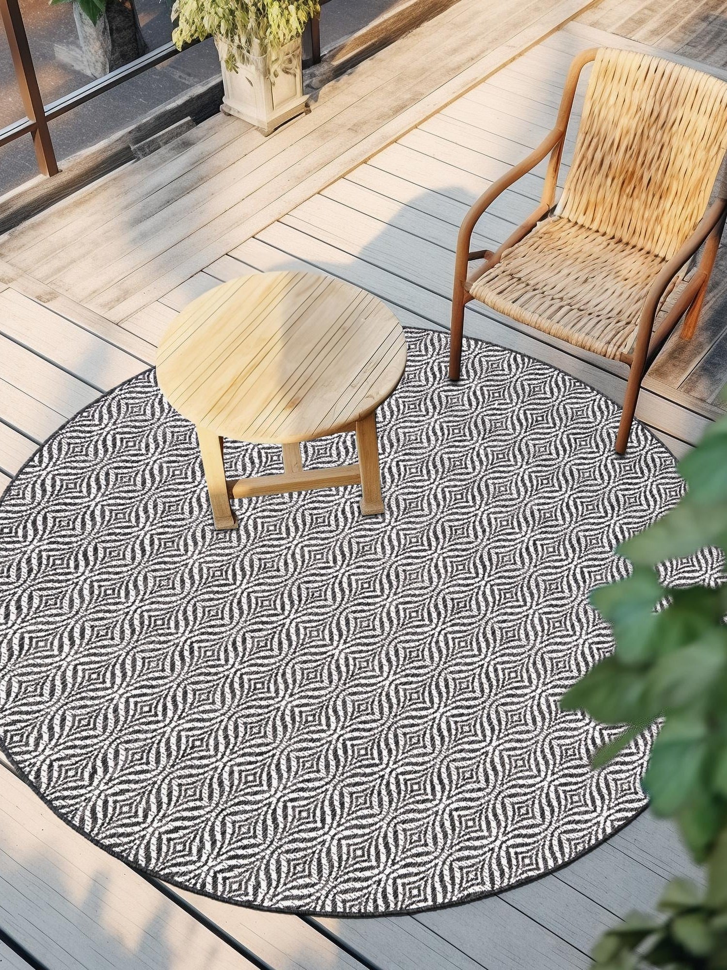 Charcoal 5' 3 x 5' 3 Outdoor Trellis Round Area Rug Weather Resistant for Patio, Deck, Terrace, Balcony, Porch Geometric Design Water Safe Outside Carpet for Sale at Rug Engine