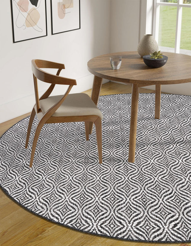 Charcoal 6' 1 x 6' 1 Outdoor Trellis Round Area Rug Weather Resistant for Patio, Deck, Terrace, Balcony, Porch Geometric Design Water Safe Outside Carpet for Sale at Rug Engine