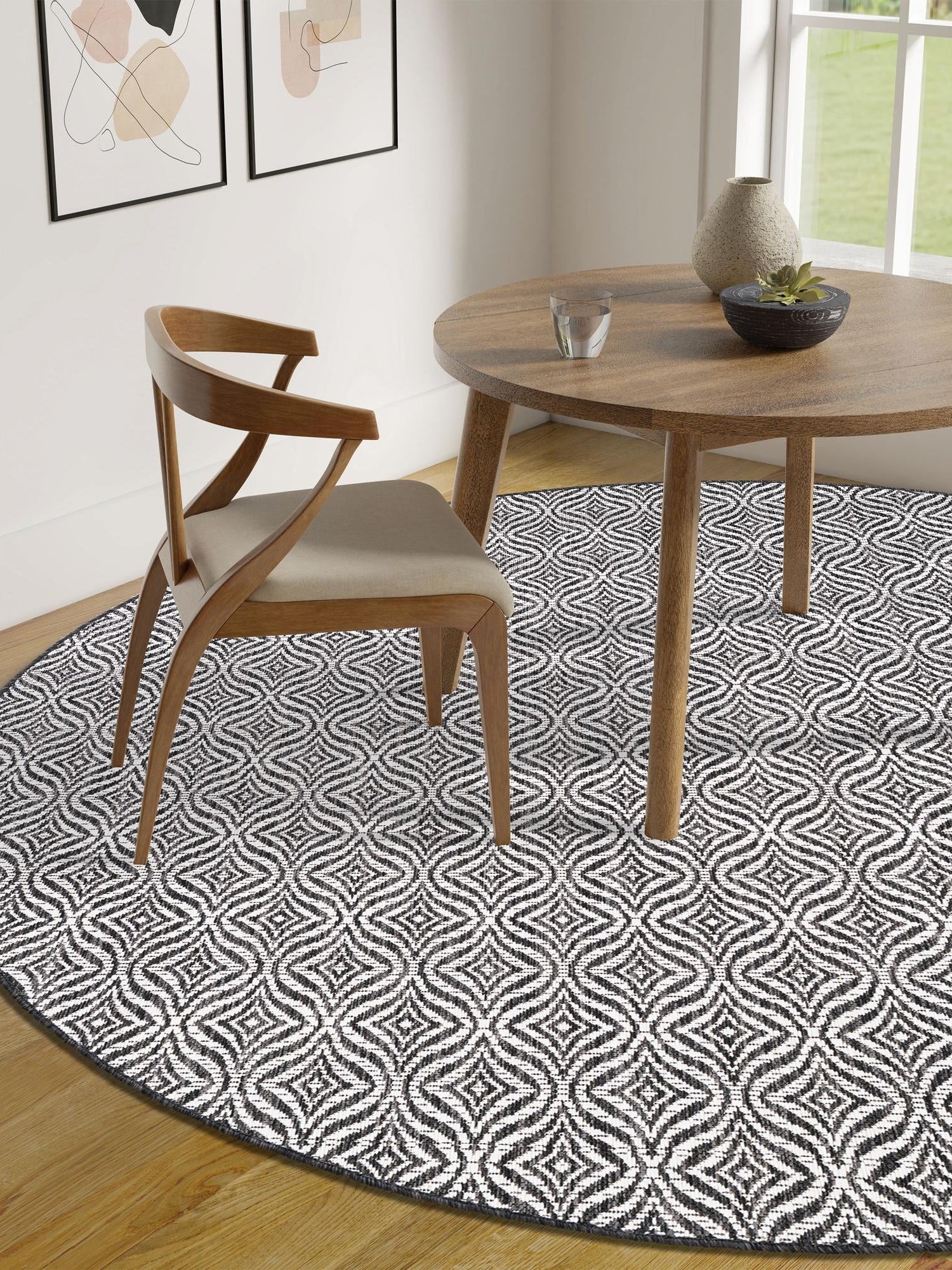 Charcoal 7' 10 x 7' 10 Outdoor Trellis Round Area Rug Weather Resistant for Patio, Deck, Terrace, Balcony, Porch Geometric Design Water Safe Outside Carpet for Sale at Rug Engine