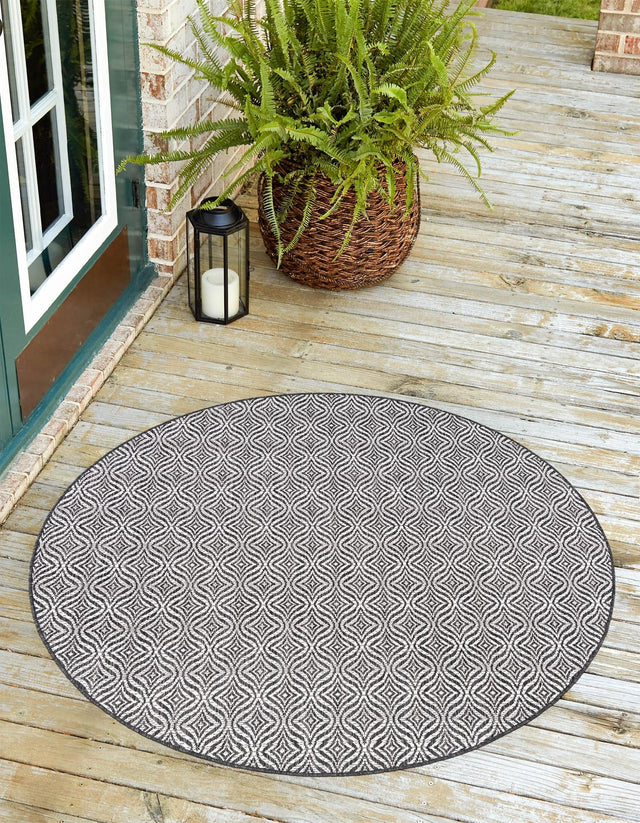Charcoal 5' 3 x 5' 3 Outdoor Trellis Round Area Rug Weather Resistant for Patio, Deck, Terrace, Balcony, Porch Geometric Design Water Safe Outside Carpet for Sale at Rug Engine