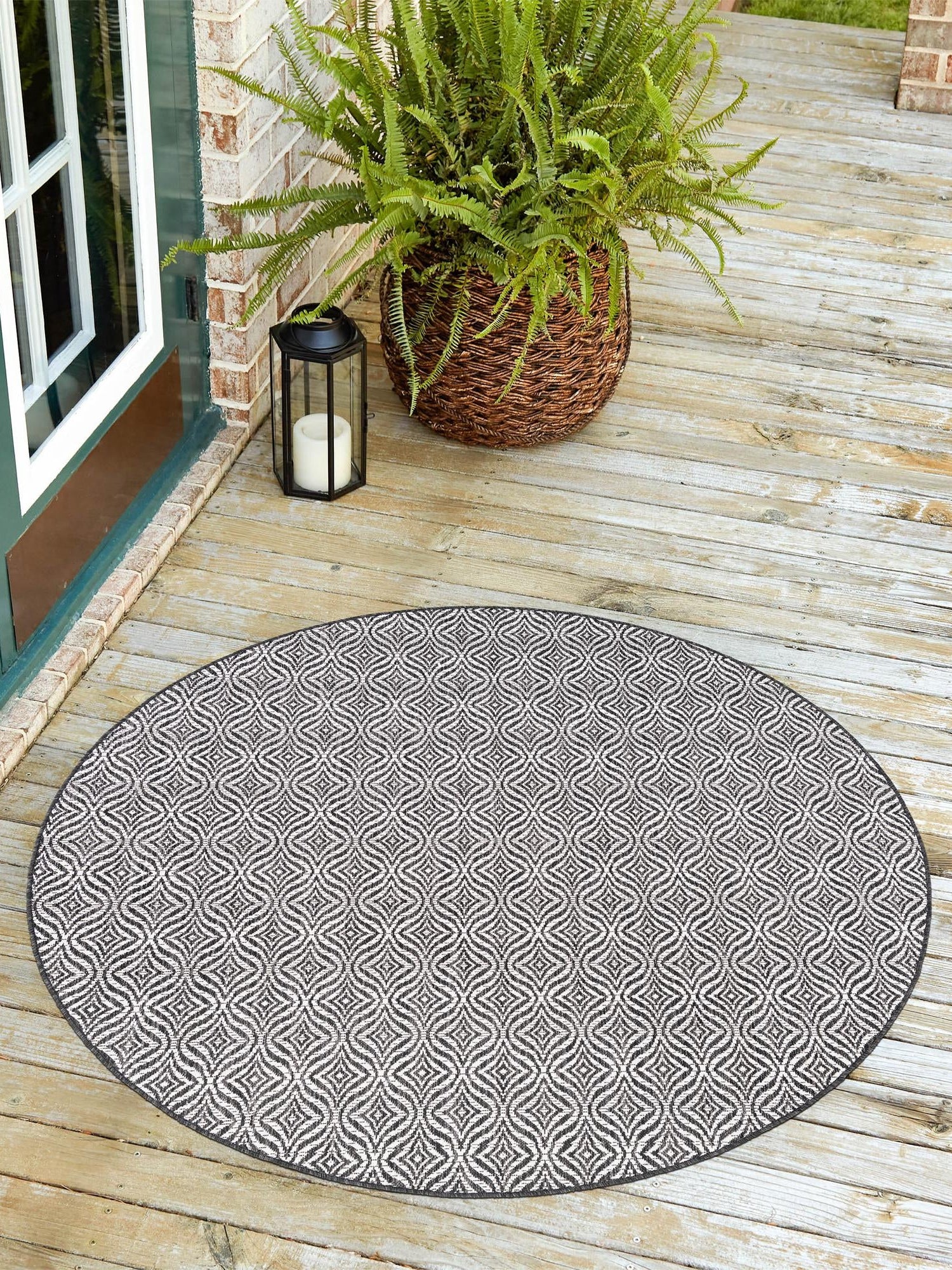Charcoal 10' x 10' Outdoor Trellis Round Area Rug Weather Resistant for Patio, Deck, Terrace, Balcony, Porch Geometric Design Water Safe Outside Carpet for Sale at Rug Engine
