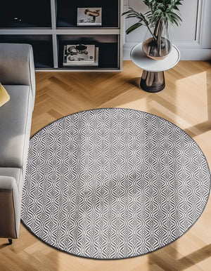 Charcoal 10' x 10' Outdoor Trellis Round Area Rug Weather Resistant for Patio, Deck, Terrace, Balcony, Porch Geometric Design Water Safe Outside Carpet for Sale at Rug Engine