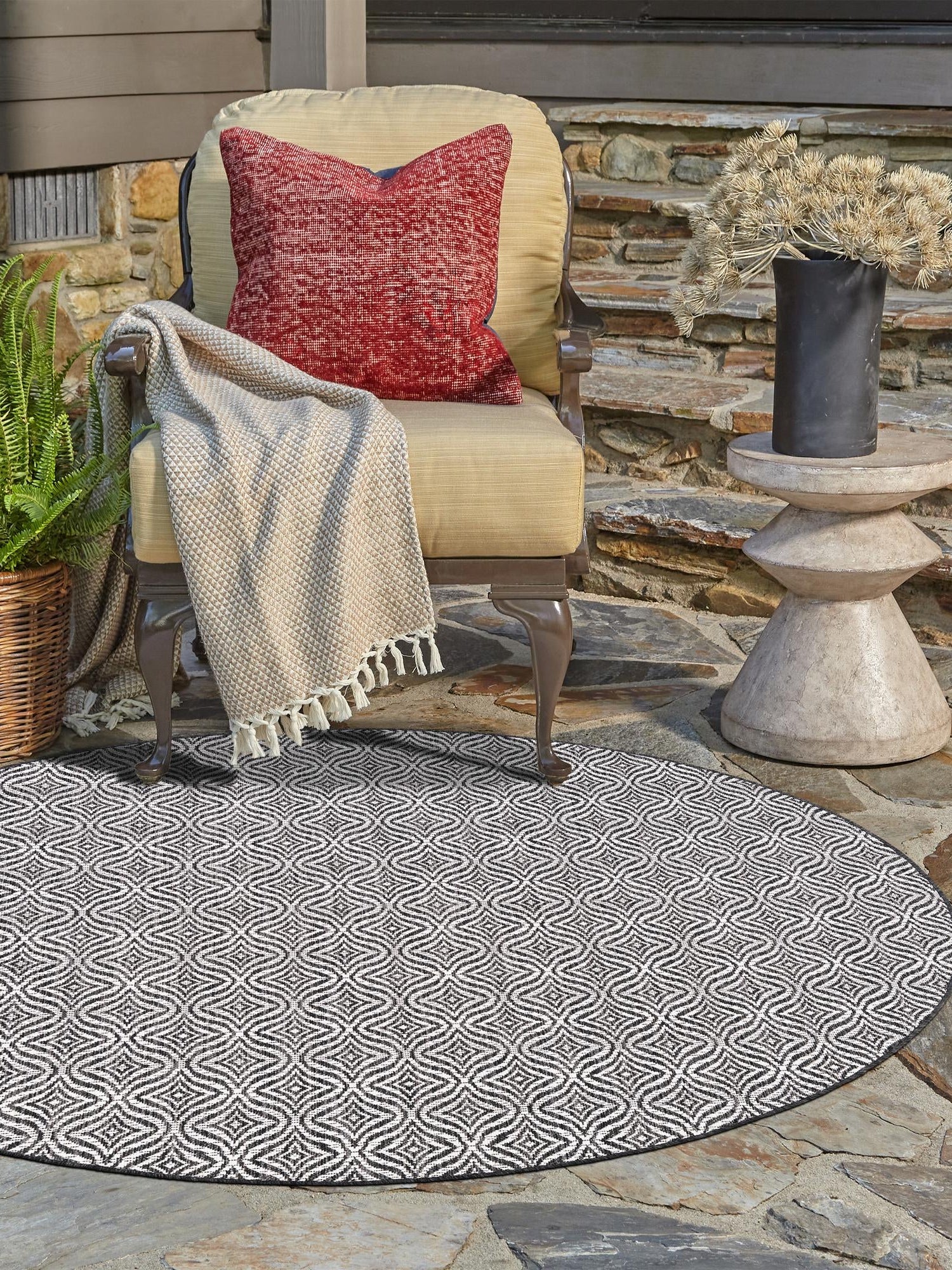 Charcoal 10' x 10' Outdoor Trellis Round Area Rug Weather Resistant for Patio, Deck, Terrace, Balcony, Porch Geometric Design Water Safe Outside Carpet for Sale at Rug Engine
