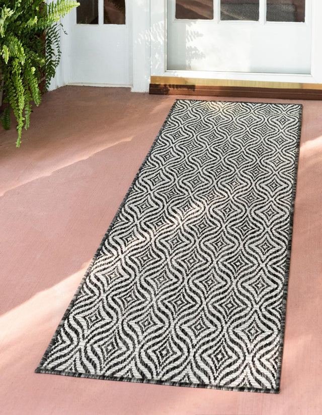 Charcoal 2' x 6' 1 Outdoor Trellis Runner Area Rug Weather Resistant for Patio, Deck, Terrace, Balcony, Porch Geometric Design Water Safe Outside Carpet for Sale at Rug Engine
