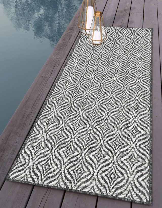 Charcoal 2' x 6' 1 Outdoor Trellis Runner Area Rug Weather Resistant for Patio, Deck, Terrace, Balcony, Porch Geometric Design Water Safe Outside Carpet for Sale at Rug Engine