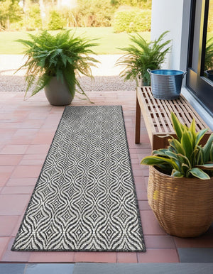 Charcoal 2' x 6' 1 Outdoor Trellis Runner Area Rug Weather Resistant for Patio, Deck, Terrace, Balcony, Porch Geometric Design Water Safe Outside Carpet for Sale at Rug Engine