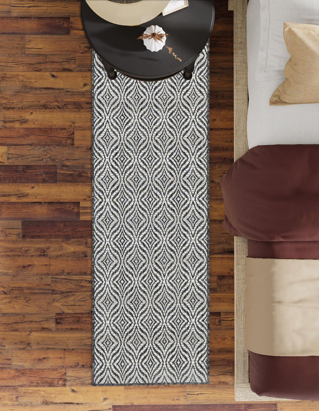 Charcoal 2' x 6' 1 Outdoor Trellis Runner Area Rug Weather Resistant for Patio, Deck, Terrace, Balcony, Porch Geometric Design Water Safe Outside Carpet for Sale at Rug Engine