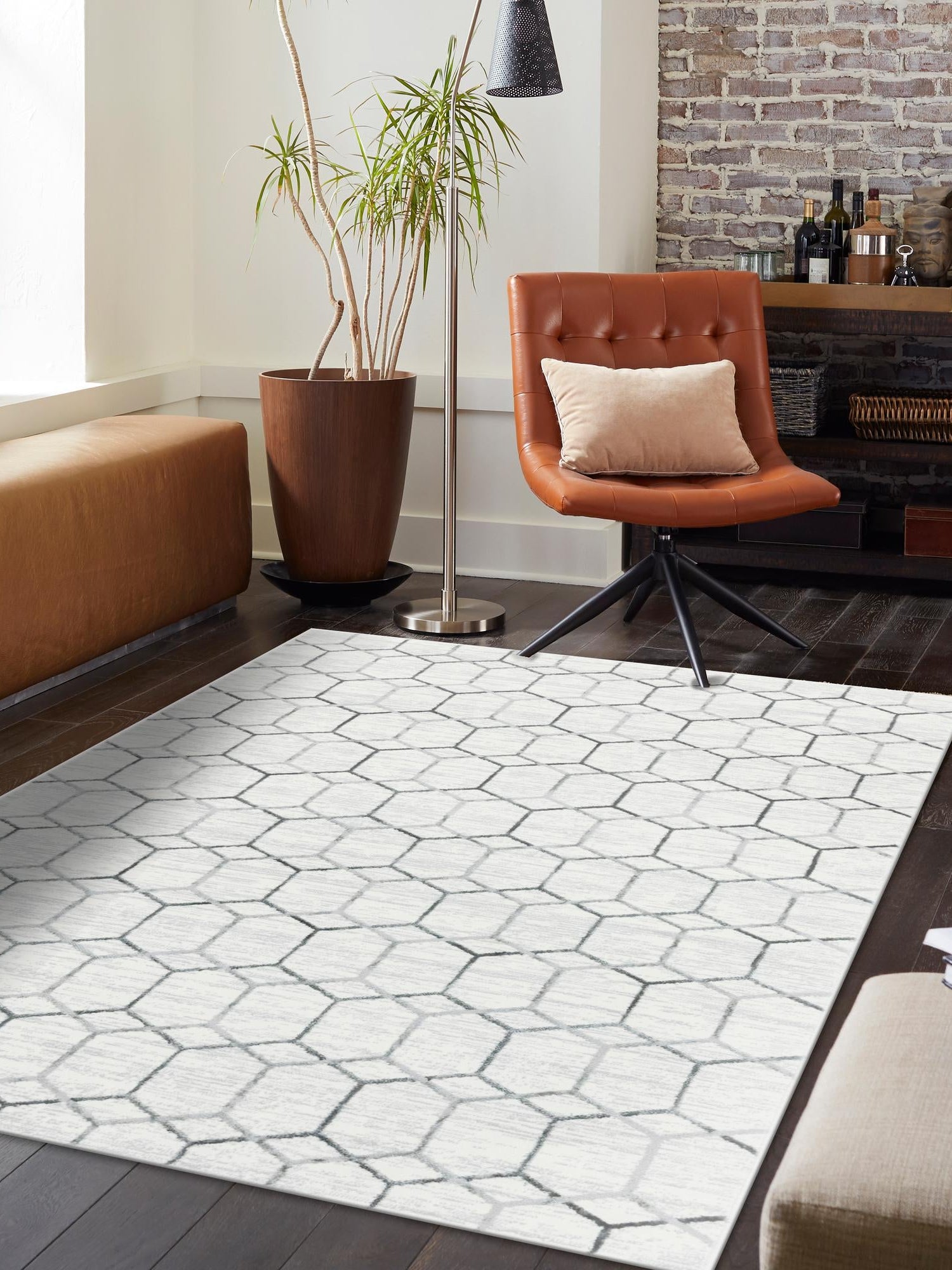 White 5' 1 x 8' Matrix Trellis Rectangle Area Rug 100% Polyester Geometric Pattern Modern Carpet for Living, Dining, Bedroom, Office for Sale at Rug Engine