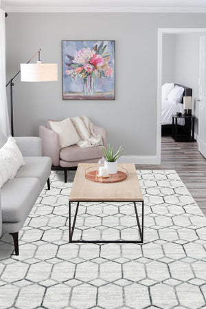 White 9' 10 x 14' 1 Matrix Trellis Rectangle Area Rug 100% Polyester Geometric Pattern Modern Carpet for Living, Dining, Bedroom, Office for Sale at Rug Engine
