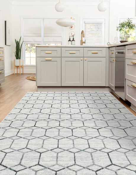 White 9' 10 x 14' 1 Matrix Trellis Rectangle Area Rug 100% Polyester Geometric Pattern Modern Carpet for Living, Dining, Bedroom, Office for Sale at Rug Engine