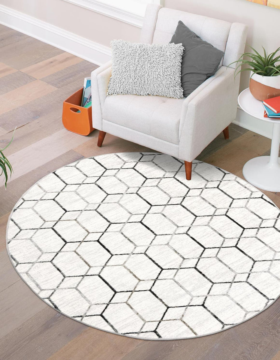 White 7' x 7' Matrix Trellis Round Area Rug 100% Polyester Geometric P ...