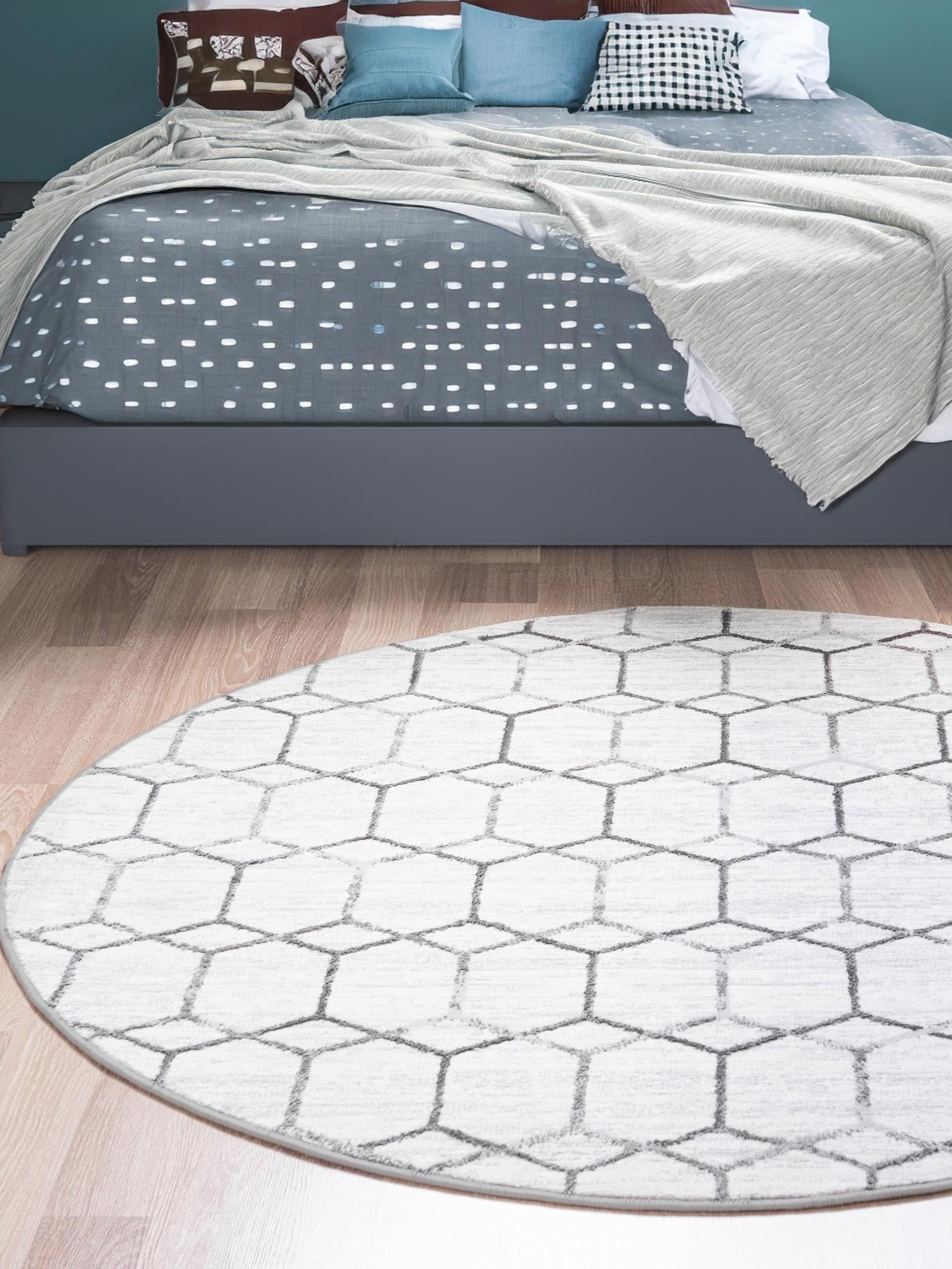 White 3' 3 x 3' 3 Matrix Trellis Round Area Rug 100% Polyester Geometric Pattern Modern Carpet for Living, Dining, Bedroom, Office for Sale at Rug Engine