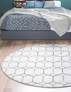 White 3' 3 x 3' 3 Matrix Trellis Round Area Rug 100% Polyester Geometric Pattern Modern Carpet for Living, Dining, Bedroom, Office for Sale at Rug Engine
