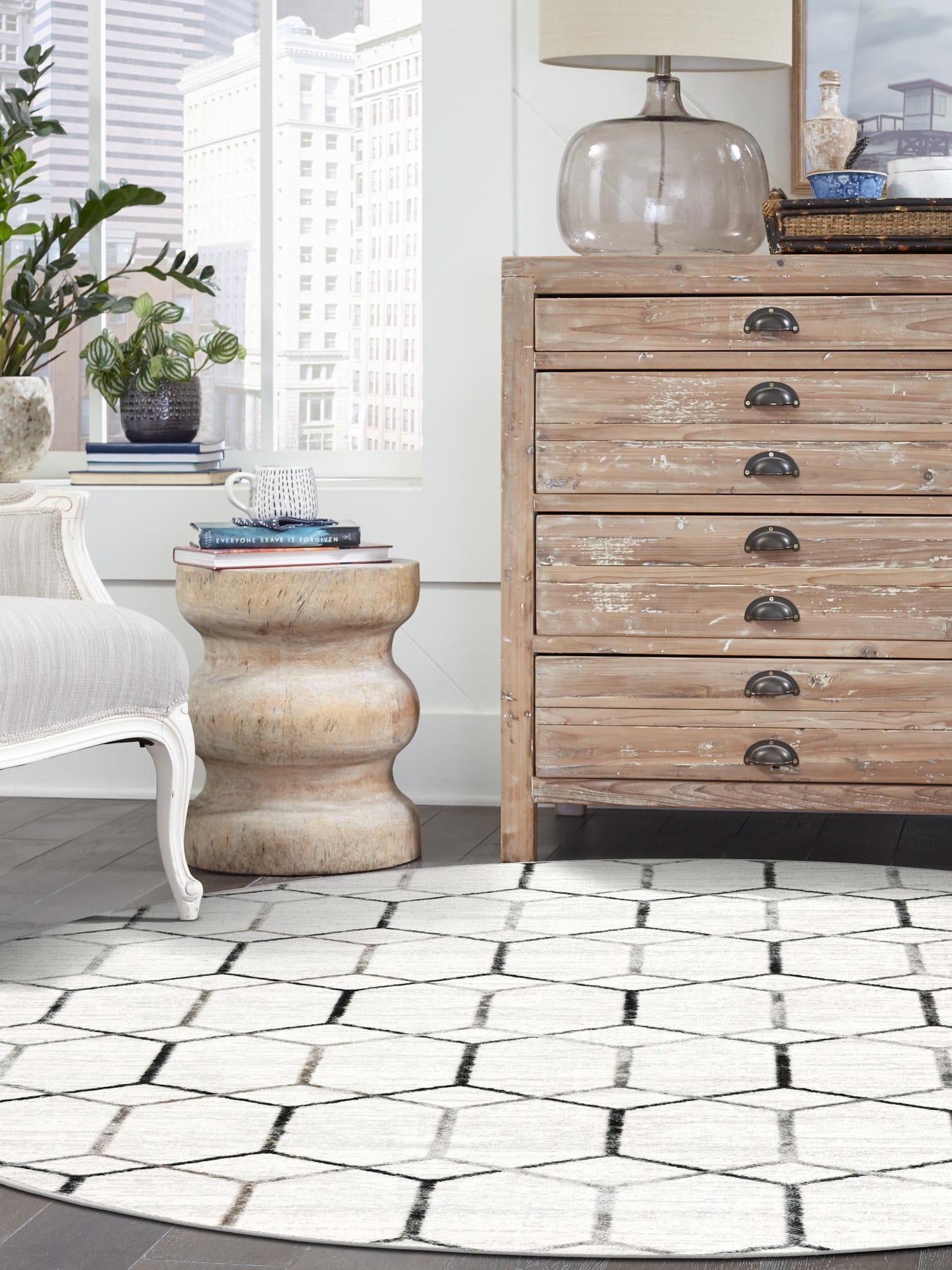 White 3' 3 x 3' 3 Matrix Trellis Round Area Rug 100% Polyester Geometric Pattern Modern Carpet for Living, Dining, Bedroom, Office for Sale at Rug Engine