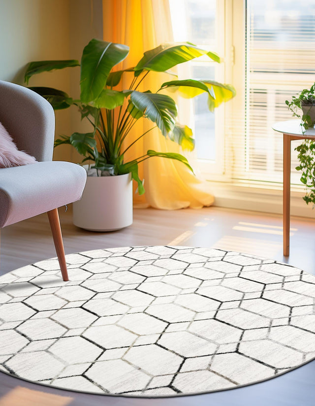 White 7' x 7' Matrix Trellis Round Area Rug 100% Polyester Geometric Pattern Modern Carpet for Living, Dining, Bedroom, Office for Sale at Rug Engine
