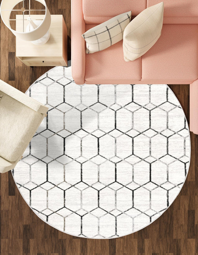 White 7' x 7' Matrix Trellis Round Area Rug 100% Polyester Geometric Pattern Modern Carpet for Living, Dining, Bedroom, Office for Sale at Rug Engine