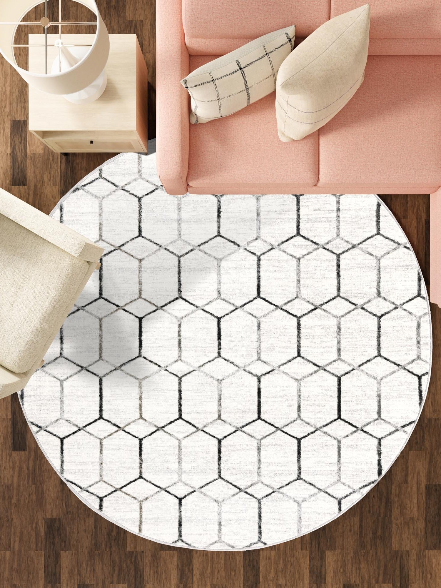 White 3' 3 x 3' 3 Matrix Trellis Round Area Rug 100% Polyester Geometric Pattern Modern Carpet for Living, Dining, Bedroom, Office for Sale at Rug Engine