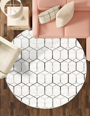 White 3' 3 x 3' 3 Matrix Trellis Round Area Rug 100% Polyester Geometric Pattern Modern Carpet for Living, Dining, Bedroom, Office for Sale at Rug Engine