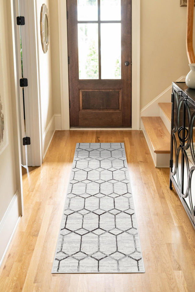 White 2' x 8' Matrix Trellis Runner Area Rug 100% Polyester Geometric Pattern Modern Carpet for Living, Dining, Bedroom, Office for Sale at Rug Engine