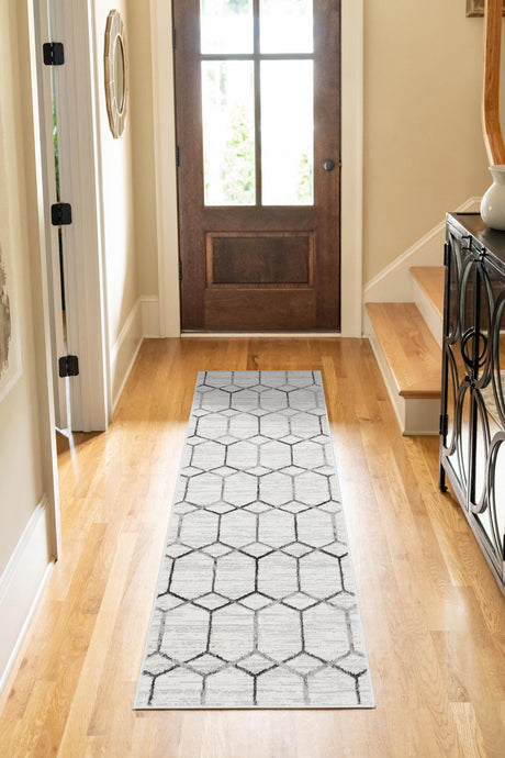 White 2' 11 x 19' 8 Matrix Trellis Runner Area Rug 100% Polyester Geometric Pattern Modern Carpet for Living, Dining, Bedroom, Office for Sale at Rug Engine