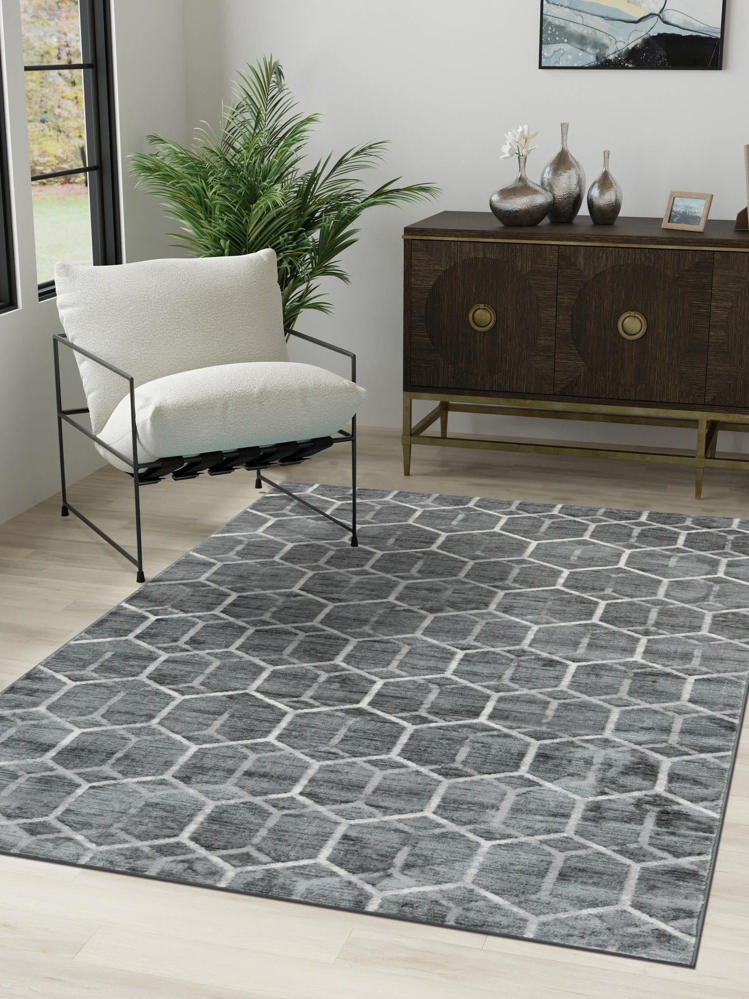 Grey 6' x 9' Matrix Trellis Rectangle Area Rug 100% Polyester Geometric Pattern Modern Carpet for Living, Dining, Bedroom, Office for Sale at Rug Engine