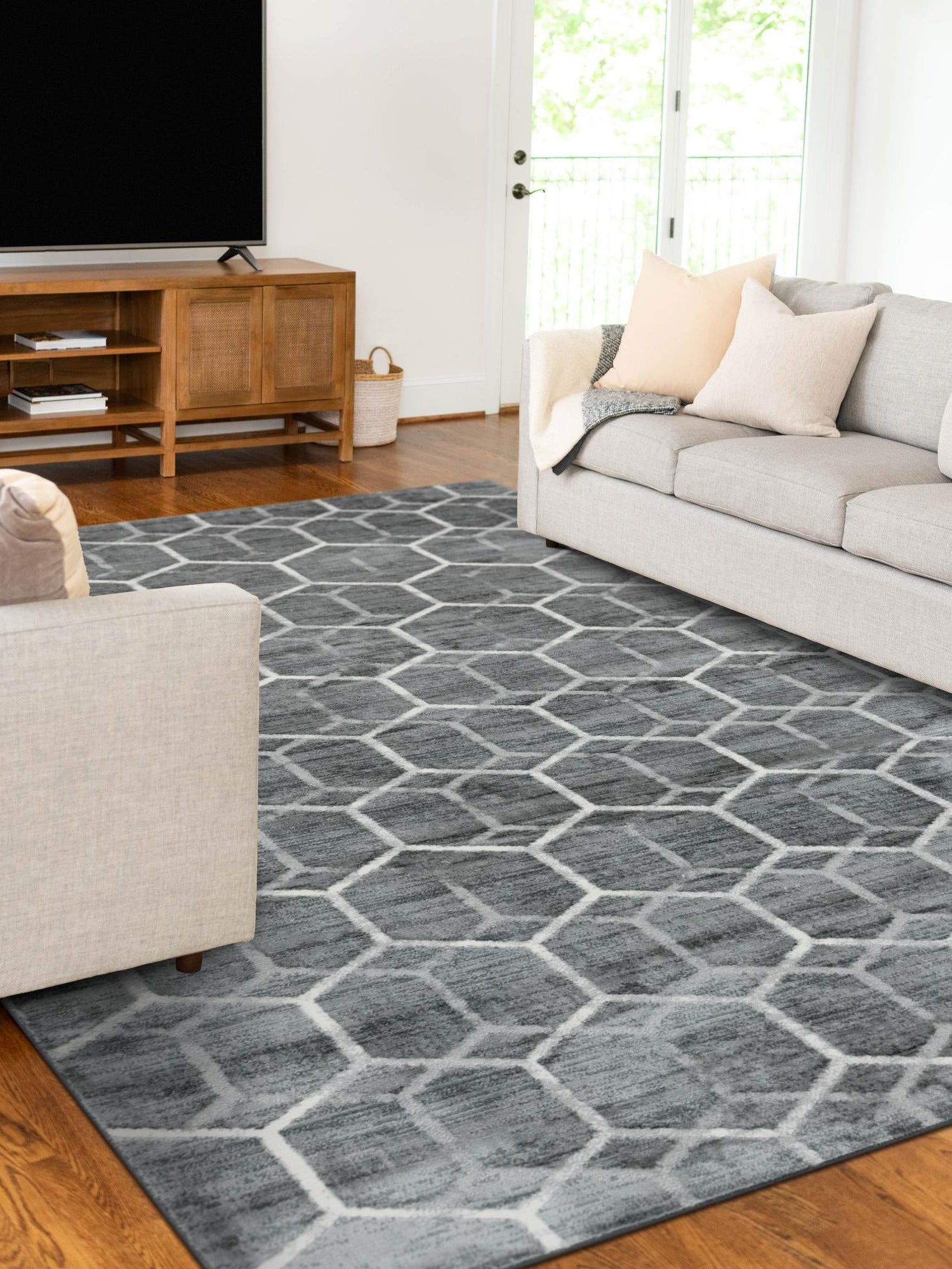 Grey 5' x 8' Matrix Trellis Rectangle Area Rug 100% Polyester Geometric Pattern Modern Carpet for Living, Dining, Bedroom, Office for Sale at Rug Engine