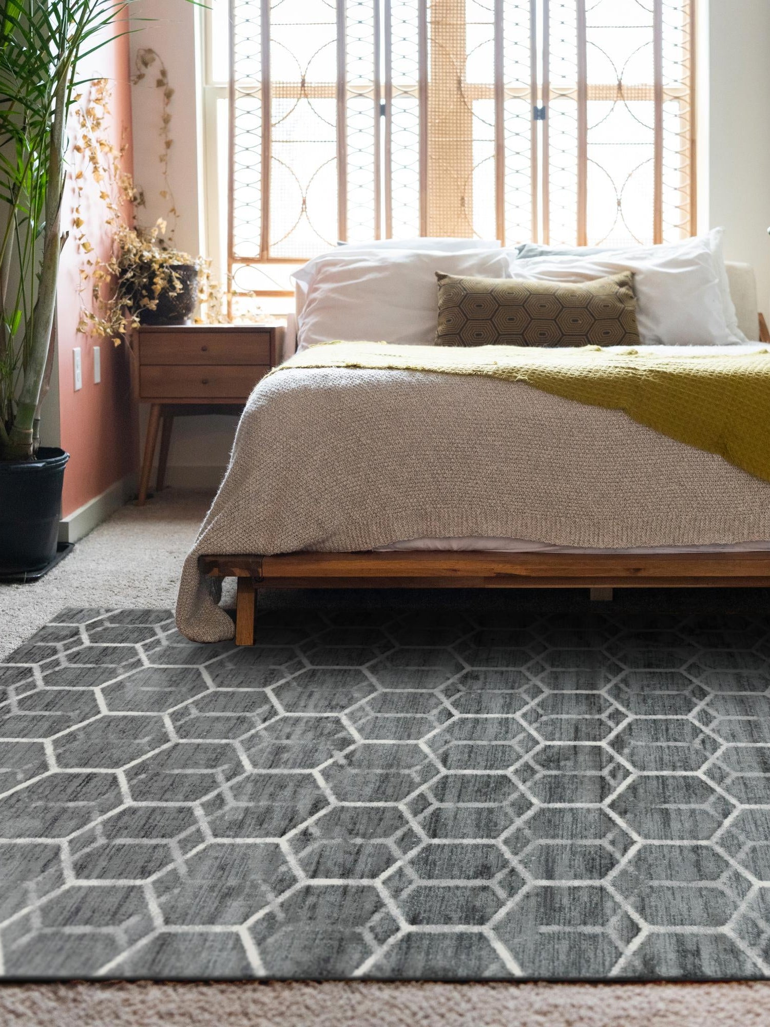 Grey 6' x 9' Matrix Trellis Rectangle Area Rug 100% Polyester Geometric Pattern Modern Carpet for Living, Dining, Bedroom, Office for Sale at Rug Engine