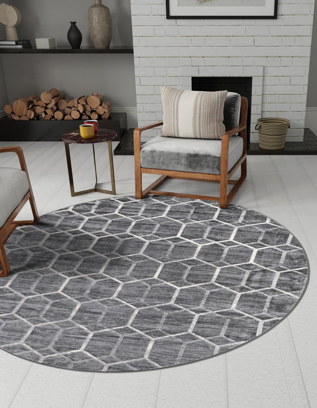 Grey 5' 1 x 5' 1 Matrix Trellis Round Area Rug 100% Polyester Geometric Pattern Modern Carpet for Living, Dining, Bedroom, Office for Sale at Rug Engine