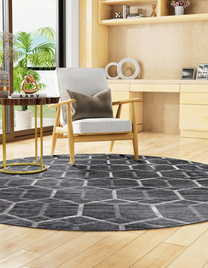 Grey 5' 1 x 5' 1 Matrix Trellis Round Area Rug 100% Polyester Geometric Pattern Modern Carpet for Living, Dining, Bedroom, Office for Sale at Rug Engine