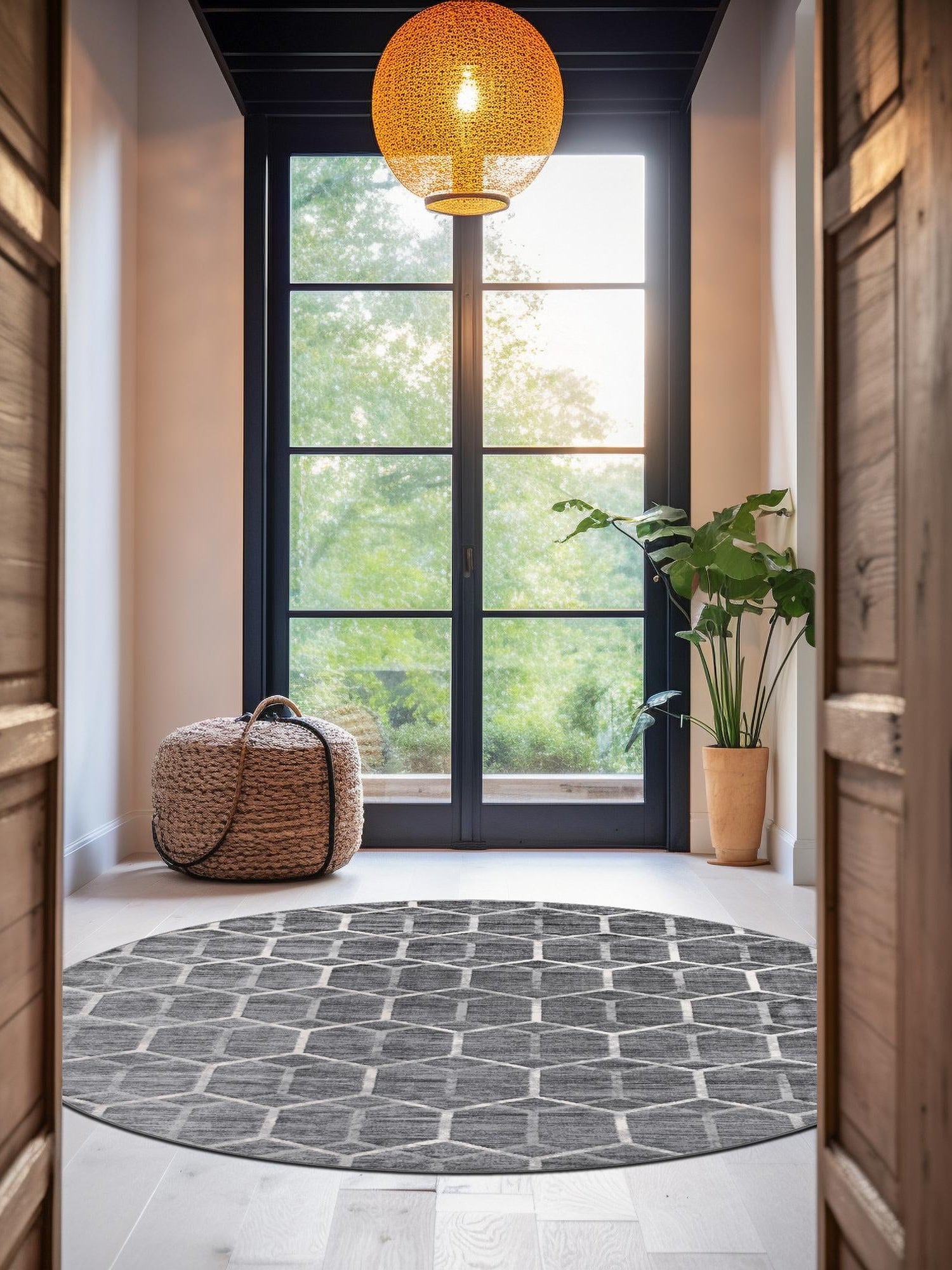 Grey 5' 1 x 5' 1 Matrix Trellis Round Area Rug 100% Polyester Geometric Pattern Modern Carpet for Living, Dining, Bedroom, Office for Sale at Rug Engine