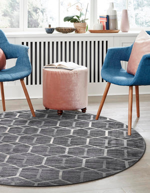 Grey 7' x 7' Matrix Trellis Round Area Rug 100% Polyester Geometric Pattern Modern Carpet for Living, Dining, Bedroom, Office for Sale at Rug Engine