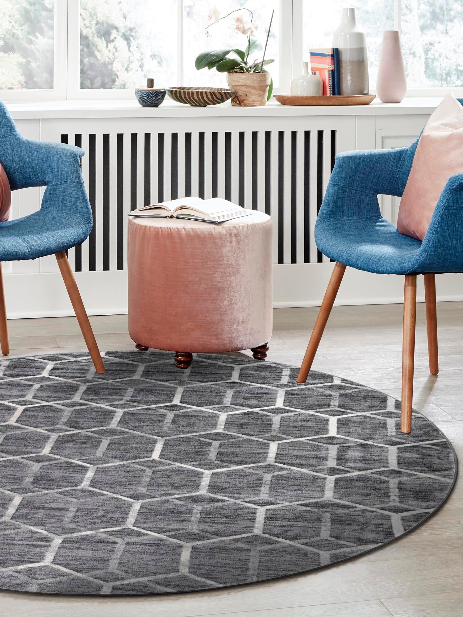 Grey 5' 1 x 5' 1 Matrix Trellis Round Area Rug 100% Polyester Geometric Pattern Modern Carpet for Living, Dining, Bedroom, Office for Sale at Rug Engine