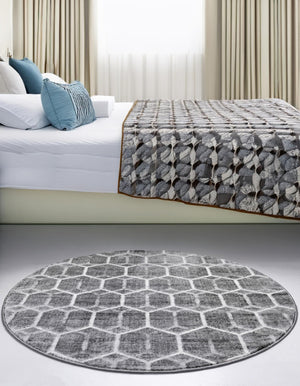 Grey 7' x 7' Matrix Trellis Round Area Rug 100% Polyester Geometric Pattern Modern Carpet for Living, Dining, Bedroom, Office for Sale at Rug Engine