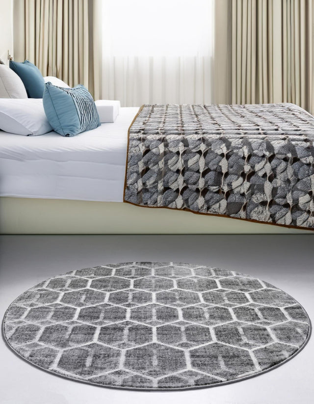 Grey 7' x 7' Matrix Trellis Round Area Rug 100% Polyester Geometric Pattern Modern Carpet for Living, Dining, Bedroom, Office for Sale at Rug Engine