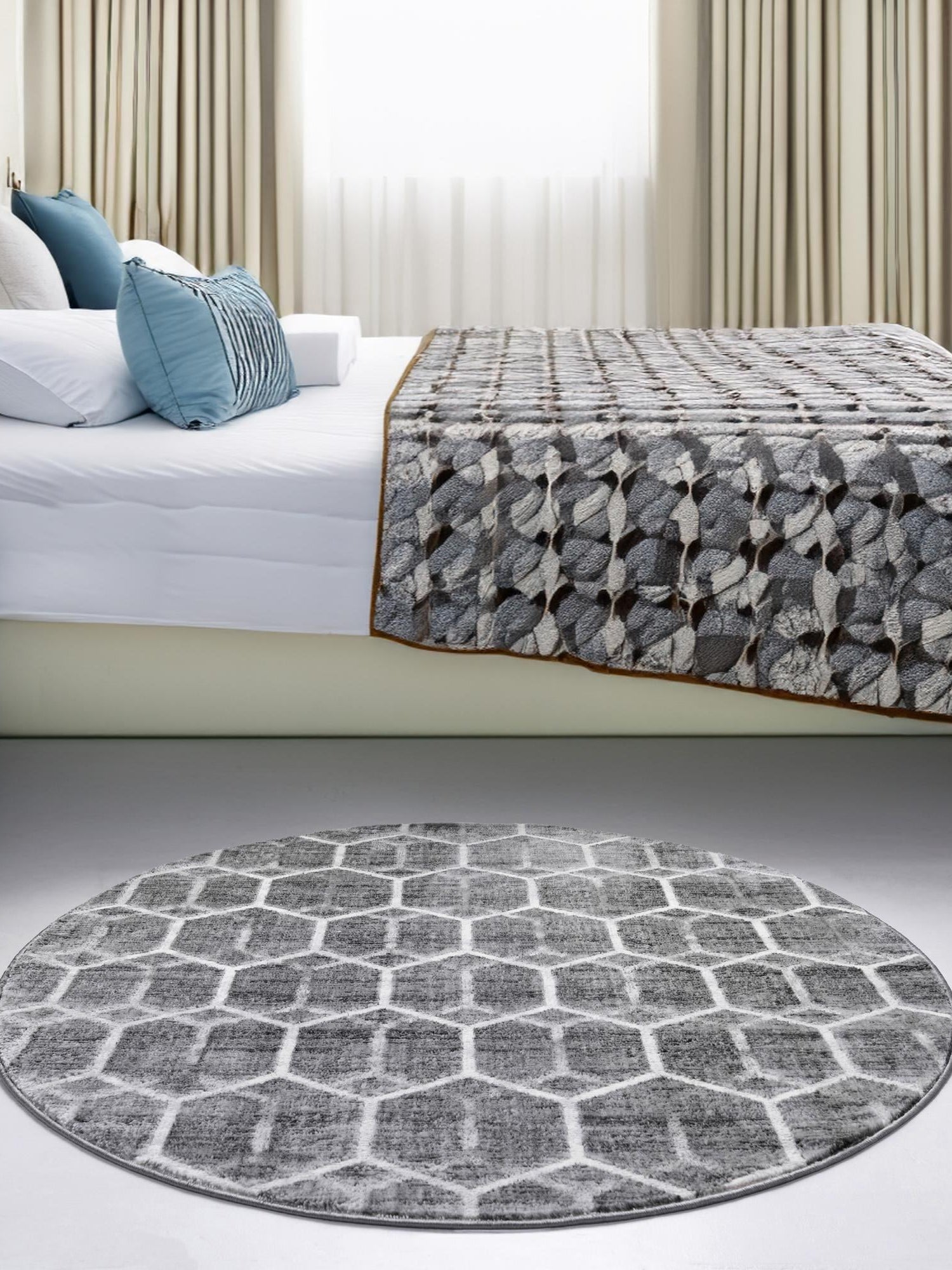 Grey 5' 1 x 5' 1 Matrix Trellis Round Area Rug 100% Polyester Geometric Pattern Modern Carpet for Living, Dining, Bedroom, Office for Sale at Rug Engine