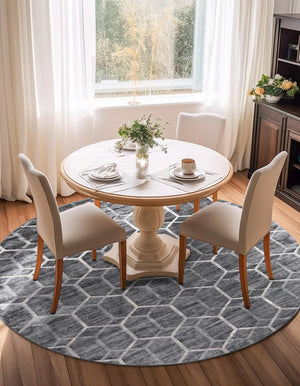 Grey 7' x 7' Matrix Trellis Round Area Rug 100% Polyester Geometric Pattern Modern Carpet for Living, Dining, Bedroom, Office for Sale at Rug Engine