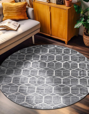 Grey 7' x 7' Matrix Trellis Round Area Rug 100% Polyester Geometric Pattern Modern Carpet for Living, Dining, Bedroom, Office for Sale at Rug Engine