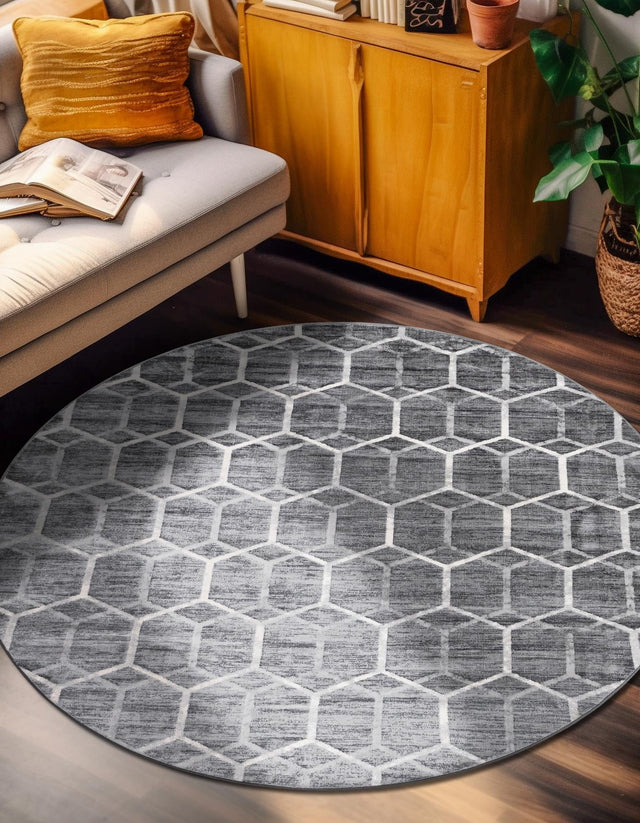 Grey 5' 1 x 5' 1 Matrix Trellis Round Area Rug 100% Polyester Geometric Pattern Modern Carpet for Living, Dining, Bedroom, Office for Sale at Rug Engine
