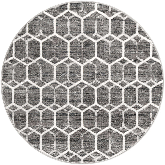 Grey 5' 1 x 5' 1 Matrix Trellis Round Area Rug 100% Polyester Geometric Pattern Modern Carpet for Living, Dining, Bedroom, Office for Sale at Rug Engine