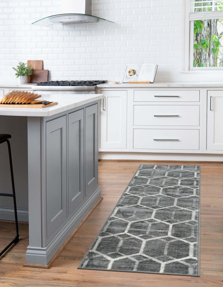 Grey 2' 7 x 16' 5 Matrix Trellis Runner Area Rug 100% Polyester Geometric Pattern Modern Carpet for Living, Dining, Bedroom, Office for Sale at Rug Engine