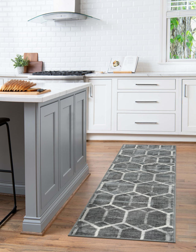 Grey 2' 7 x 16' 5 Matrix Trellis Runner Area Rug 100% Polyester Geometric Pattern Modern Carpet for Living, Dining, Bedroom, Office for Sale at Rug Engine