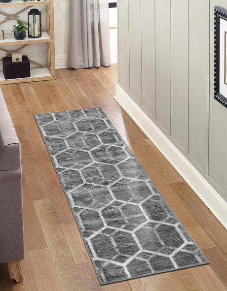 Grey 2' 7 x 16' 5 Matrix Trellis Runner Area Rug 100% Polyester Geometric Pattern Modern Carpet for Living, Dining, Bedroom, Office for Sale at Rug Engine