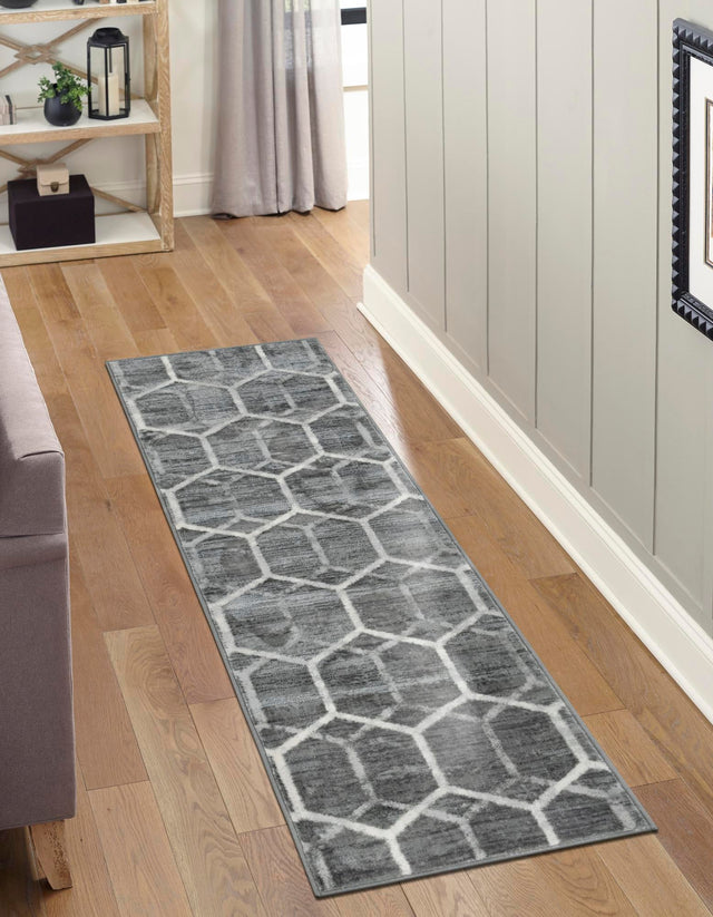 Grey 2' 7 x 16' 5 Matrix Trellis Runner Area Rug 100% Polyester Geometric Pattern Modern Carpet for Living, Dining, Bedroom, Office for Sale at Rug Engine