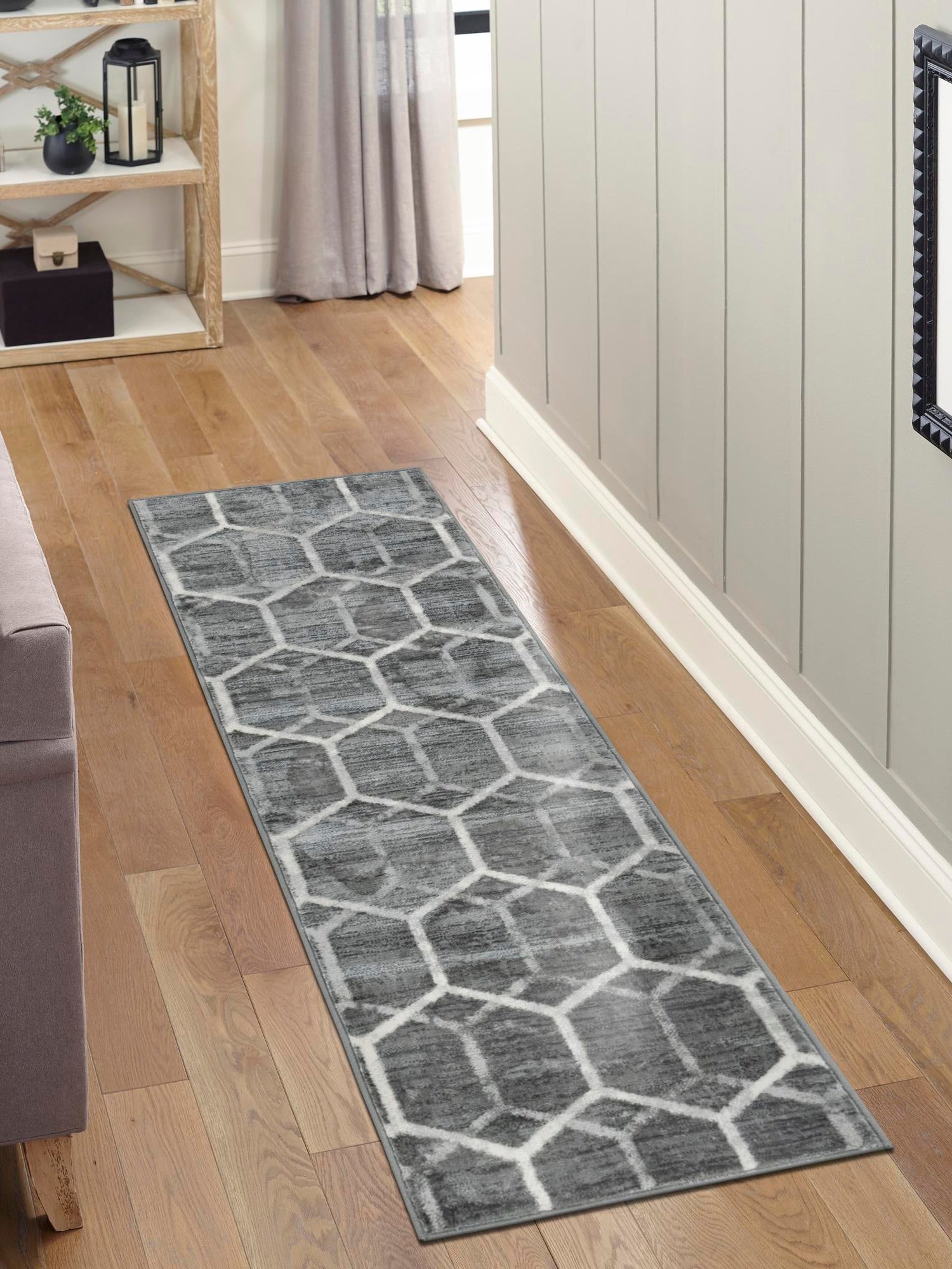 Grey 2' x 6' 1 Matrix Trellis Runner Area Rug 100% Polyester Geometric Pattern Modern Carpet for Living, Dining, Bedroom, Office for Sale at Rug Engine