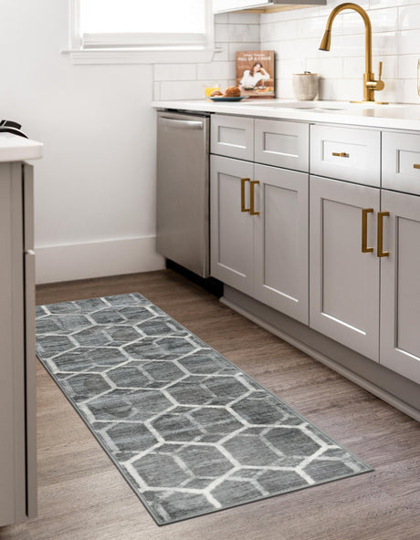 Grey 2' 7 x 16' 5 Matrix Trellis Runner Area Rug 100% Polyester Geometric Pattern Modern Carpet for Living, Dining, Bedroom, Office for Sale at Rug Engine