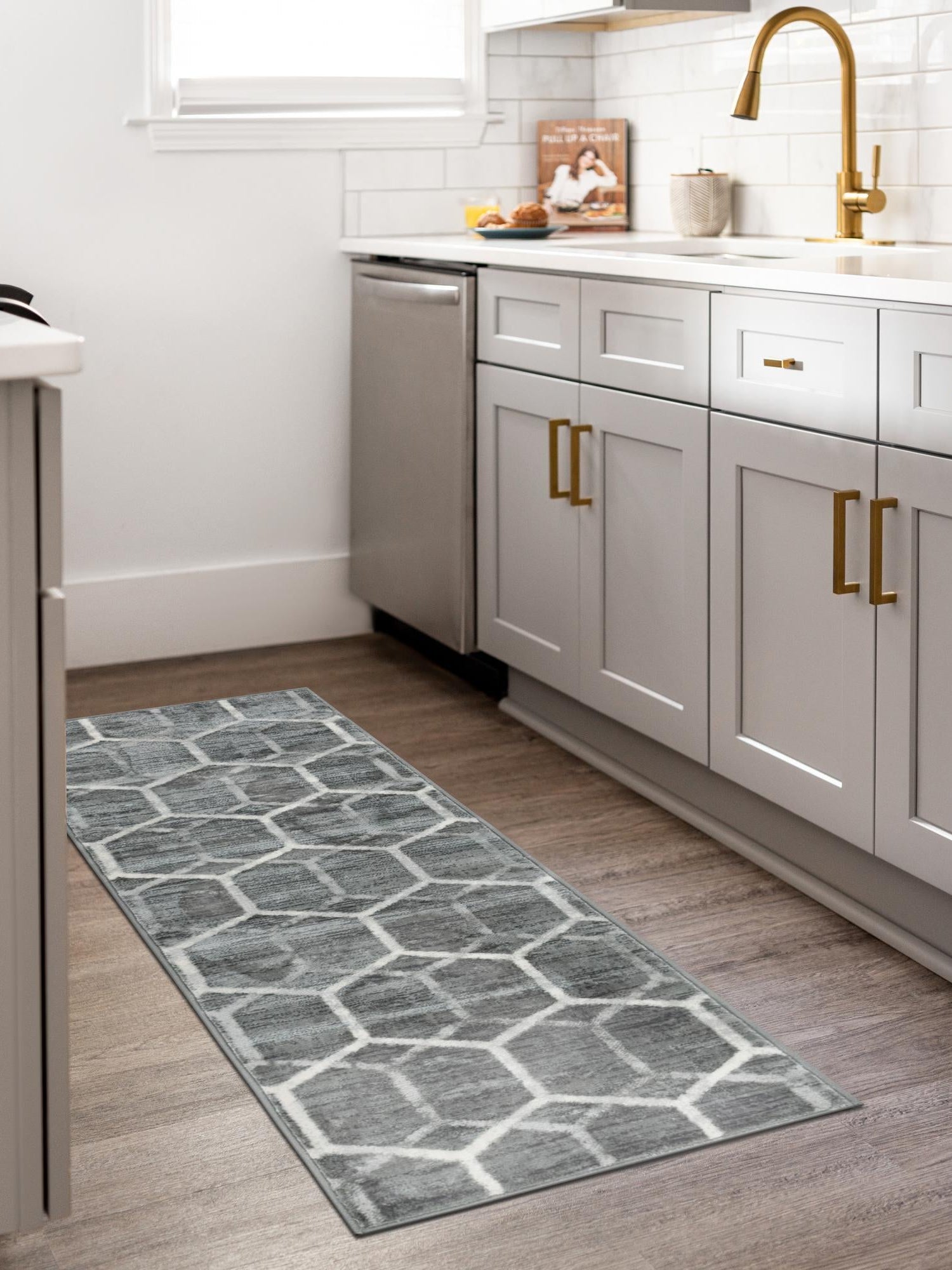 Grey 2' x 6' 1 Matrix Trellis Runner Area Rug 100% Polyester Geometric Pattern Modern Carpet for Living, Dining, Bedroom, Office for Sale at Rug Engine