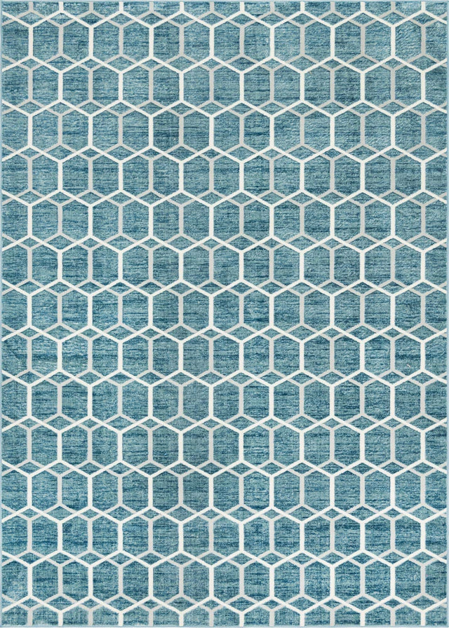 Blue 9' 10 x 14' 1 Matrix Trellis Rectangle Area Rug 100% Polyester Geometric Pattern Modern Carpet for Living, Dining, Bedroom, Office for Sale at Rug Engine